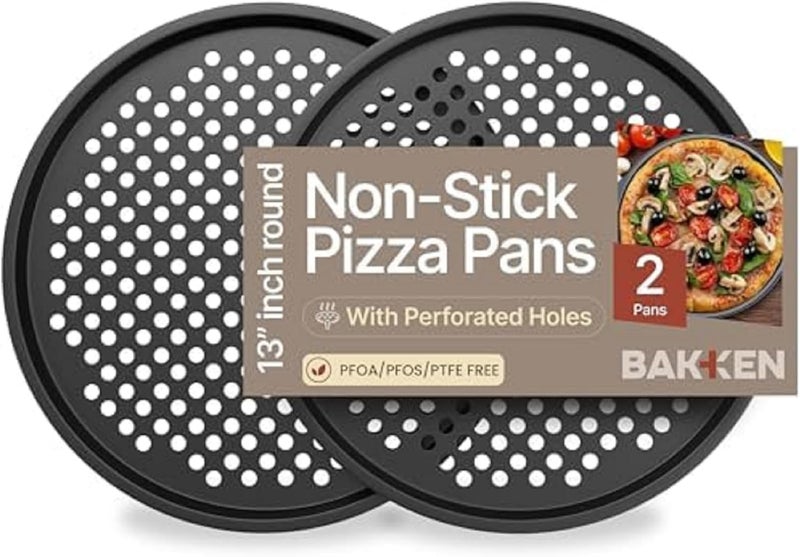 BAKKENMASTER Bakken- Swiss Non-Stick Pizza Pan with Holes - 13-Inch Perforated Pizza Crisper Carbon Steel Pizza Pan - 2 Round Pizza Trays - PFOA PFOS and PTFE Free - Image 1